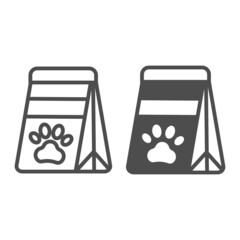 Poster - Pet dry food in bag, cat, dog snack, paw print line and solid icon, pets concept, meal, treat vector sign on white background, outline style icon for mobile concept and web design. Vector graphics.