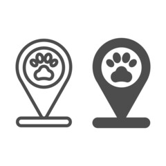 Poster - Location pin with pet paw print line and solid icon, pets concept, map pointer with pawprints vector sign on white background, outline style icon for mobile concept and web design. Vector graphics.