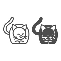 Poster - Lying cat, kitty with tail and whiskers line and solid icon, pets concept, kitten lies vector sign on white background, outline style icon for mobile concept and web design. Vector graphics.
