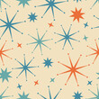 1950s star seamless vector pattern. 50s style retro, vintage, mid-century modern with teal, orange and blue starburst illustration elements on neutral cream background. Repeat wallpaper texture art