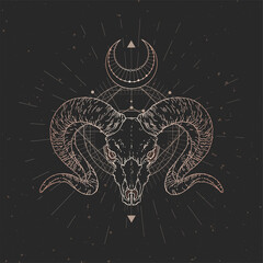 Wall Mural - Vector illustration with hand drawn Wild ram skull and Sacred geometric symbol on black vintage background. Abstract mystic sign.