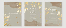 Luxury Wedding Invitation Vector Set. Watercolor Wedding Card Collection With Golden Texture And Floral Hand Drawing. Save The Date Cards. Vector Illustration.