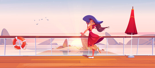 Wall Mural - Beautiful girl on cruise ship deck or embankment with rail, umbrella and lifebuoy. Vector cartoon landscape of sea with rocks, rising sun and woman in hat on wooden boat deck or quay with railing