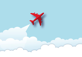 Red plane with white clouds rising up the sky. As metaphor for business and financial growth, Success and financial developing. Business growth concept. Space for the text. paper cut design style.