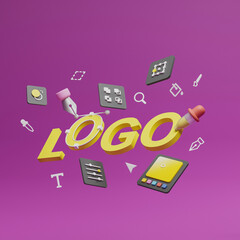 Fototapete - Graphic designer creative creator design logo artwork curve pen tool illustration equipment icons digital computer display workspace. Graphic design software. 3d rendering.