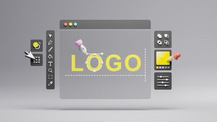 Fototapete - Graphic designer creative creator design logo artwork curve pen tool illustration equipment icons digital computer display workspace. Graphic design software. 3d rendering.