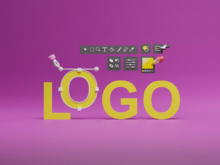Fototapete - Graphic designer creative creator design logo artwork curve pen tool illustration equipment icons digital computer display workspace. Graphic design software. 3d rendering.
