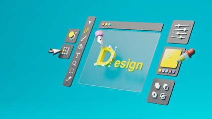 Fototapete - Graphic designer creative creator design logo artwork curve pen tool illustration equipment icons digital computer display workspace. Graphic design software. 3d rendering.