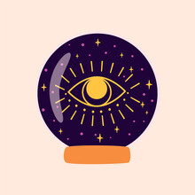 Magic Crystal Ball Future With Eye. Fortune Teller Crystal Ball. Witchcraft Magic Symbol. Halloween Graphic Element. Alchemy Vector Illustration Isolated Crystal Ball. Mystic Spiritual Logo Eye Stars.