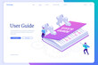 User guide isometric landing page, tiny people at huge manual book, guidance document with cogwheels, men use gadget and screwdriver. Instruction guidance booklet, tutorial help, 3d vector web banner