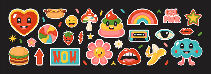 cute comic stickers set. cartoon characters design for banners, posters and cards