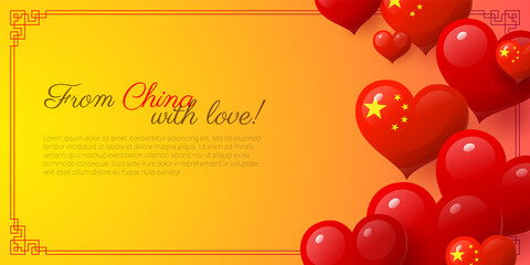 Wall Mural - From China with Love greeting card with space for text. National Day of the People yellow postcard, flyer, banner with red glossy 3d hearts realistic vector illustration