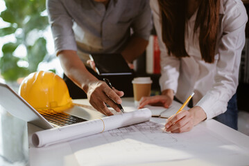 Engineer teamwork. Image of engineer meeting for architectural project. working with partner and engineering tools