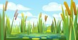 Landscape with a swampy shore of a lake or river. Coast is overgrown with grass, reeds and cattails. Water with water lily leaves. Wild pond. Vector.