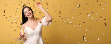 Beautiful Woman With Glass Of Champagne And Falling Confetti On Color Background With Space For Text