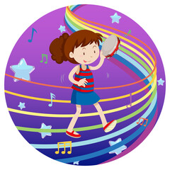 Sticker - Happy girl playing tambourine with rainbow melody on blue and purple gradient background