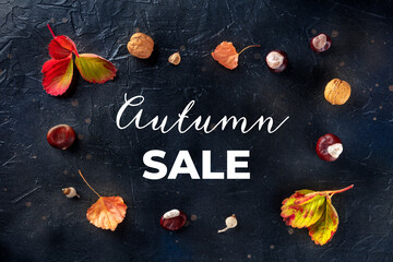 Poster - Autumn Sale banner with fall leaves and chestnuts, overhead flat lay shot on a black background