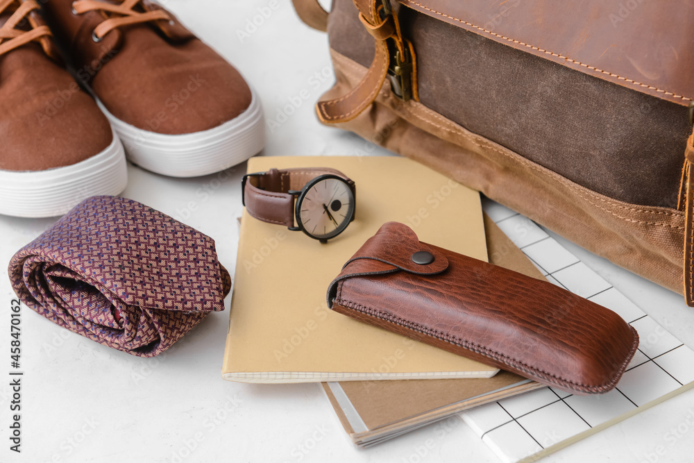 Set of stylish male accessories on table, closeup