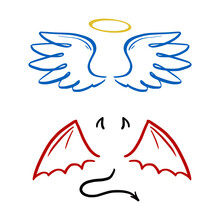 Angel And Devil Stylized Vector Illustration. Angel With Wing, Halo. Devil With Wing And Tail. Hand Drawn Line Sketch Style.