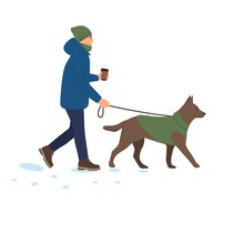 Man Walking With Dog In Winter. Boy  Leading Pet On Leash In Cold Weather With Snow. Wintertime. Coffee In Hand. Flat Vector Illustration Isolated On White Background
