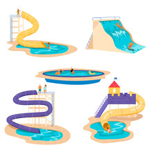 People Relaxing At Waterpark Vector Illustrations Set. Men And Women Sliding Down Tall Water Slides And Swimming At Aqua Park Isolated On White Background. Vacation, Recreation, Entertainment Concept