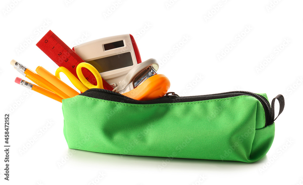 Stylish pencil case with stationery and calculator on white background