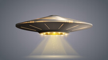 UFO Spaceship With Light Beam Isolated On Transparent Background. Vector Illustration
