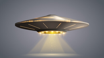 UFO spaceship with light beam isolated on transparent background. Vector illustration