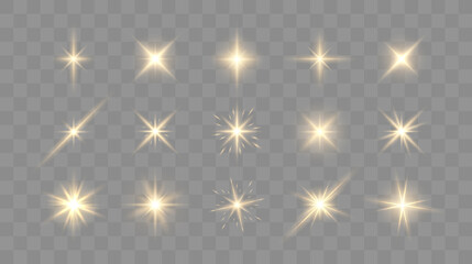 Set of shining sparkles and lens flares. Glowing lights isolated on transparent background. Vector illustration
