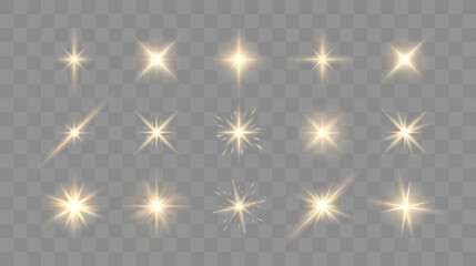 Poster - Set of shining sparkles and lens flares. Glowing lights isolated on transparent background. Vector illustration