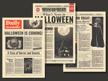Halloween Postcard Set Retro Newspaper Pages Stylization, Pumpkins, Dracula, Witch, Haunted Mansions 