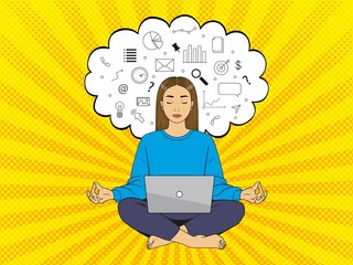 Woman in lotus position with laptop on her lap. Peace of mind when solving work tasks while working remotely. Pop art vintage vector illustration