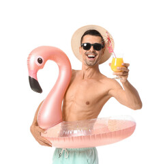 Sticker - Young man with cocktail and inflatable ring on white background