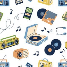 Retro Music Pattern. Seamless Background With Old Cassettes, Boomboxes, Turntables, Tape Recorders And Vinyls In 60s And 70s Styles. Repeating Texture For Printing. Colored Flat Vector Illustration