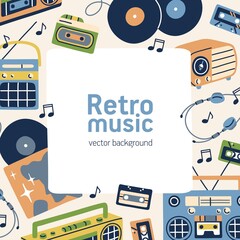 Poster - Retro music card design. Square background template with frame of cassettes, vinyls in 60s and 70s style. Musical nostalgic event promotion post for social media. Colored flat vector illustration