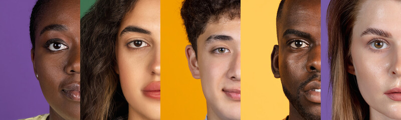 Wall Mural - Cropped portraits of group of young people on multicolored background in neon light. Collage made of 5 male and female models