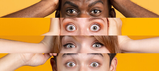 Wall Mural - Vertical collage of open eyes of young multiethnic men and women on multicolored background. Concept of youth, unity, equality and diversity