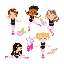 Cute Ballerina Girl In Various Pose Set. Flat Vector Cartoon Design