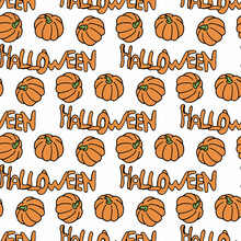 Seamless Pattern With Orange Text Halloween And Pumpkin On White Background. Vector Image.
