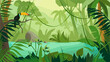 © DesignSells - Jungle forest landscape concept in flat cartoon design. Toucan sits on branch, scene with river, different types of trees and plants. Wildlife panoramic view. Vector illustration horizontal background