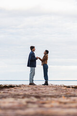 Wall Mural - side view of smiling interracial couple holding hands on pier near sea