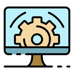Poster - Gear on computer screen icon. Outline gear on computer screen vector icon color flat isolated