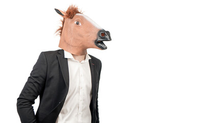 Im hardworking professional. Hardworking guy isolated on white. Man in horse head and suit