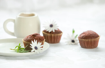 Wall Mural - homemade muffins served for breakfast or dessert, cupcakes on light white-grey background. 