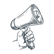Hand holding loudspeaker. Vector hand drawn sketch illustration. Megaphone doodle icon. Advertisement, marketing concept