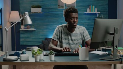 Poster - Businessman working from home with computer in workspace. Corporate worker doing online remote networking on modern device. Entrepreneur typing on keyboard for professional work