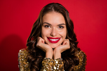 Poster - Photo of millennial funny lady hands chin wear gold dress isolated on red background