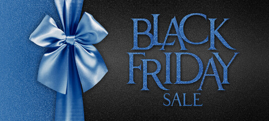 black friday gift card with shiny blue ribbon bow isolated on glittering black background template with black friday sale written text, banner of advertising label promotional discounts offer