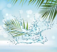 Clean Water Splash And Palm Leaves Background. Liquid Wave Swirl With Drops, Vector Splashing Aqua Dynamic Motion With Green Palm Tree Leaf And Spray Droplets. Wallpaper Or Cosmetics Design
