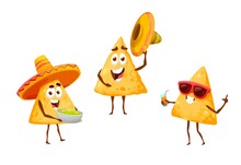 Mexican Nachos Chips On Leisure Fiesta In Sombreros, Vector Mexico Cartoon Food Characters. Nachos Chips On Summer Vacations In Sombreros With Guacamole, Drinking Cocktail, Traditional Mexican Party